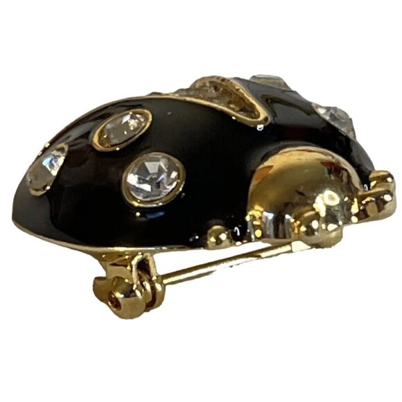 Ann Taylor Ladybug Pin Brooch Gold Tone Black Enamel Clear Rhinestone Vintage - Picture 8 of 8